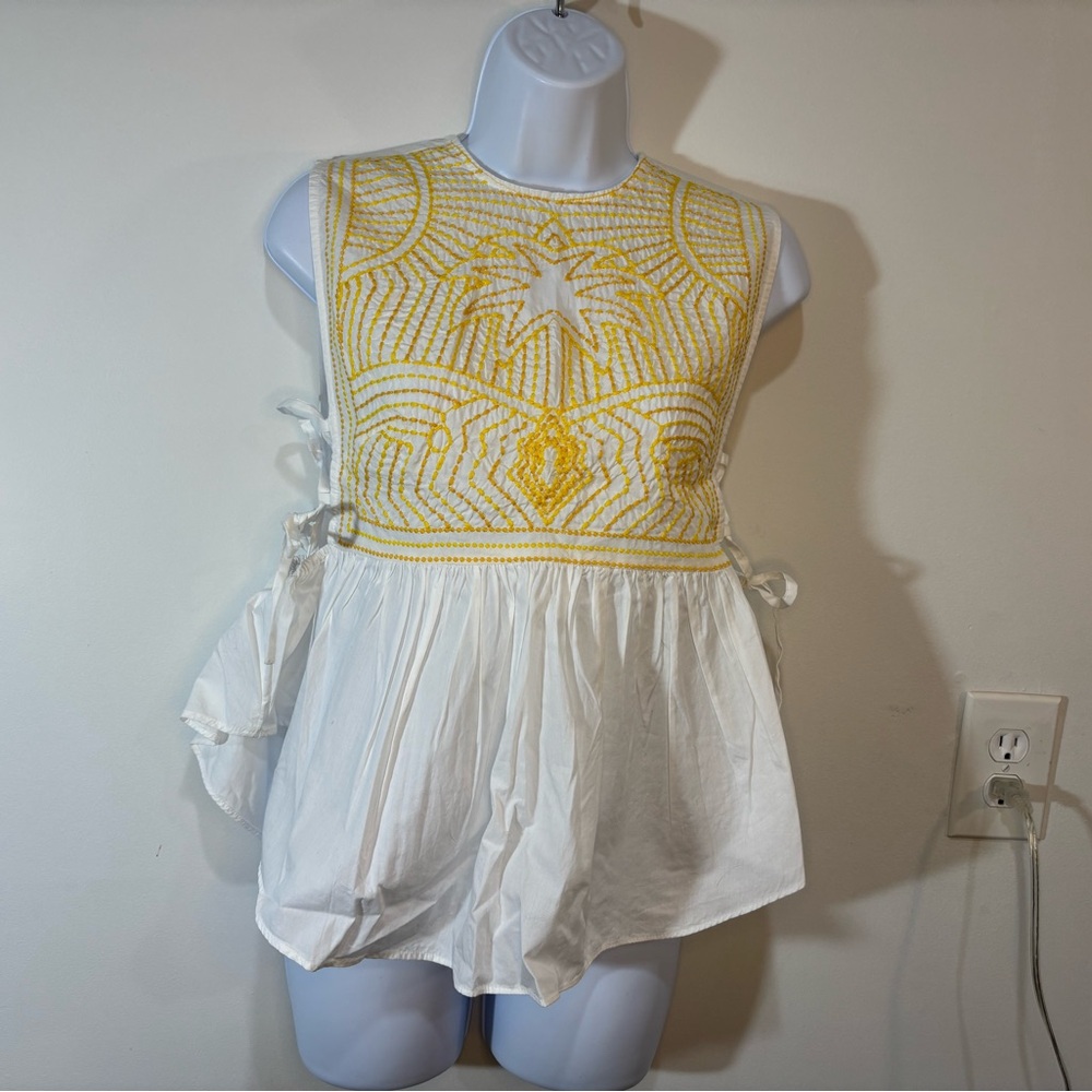 Celandine Embroidered Yellow and White Sleeveless Top